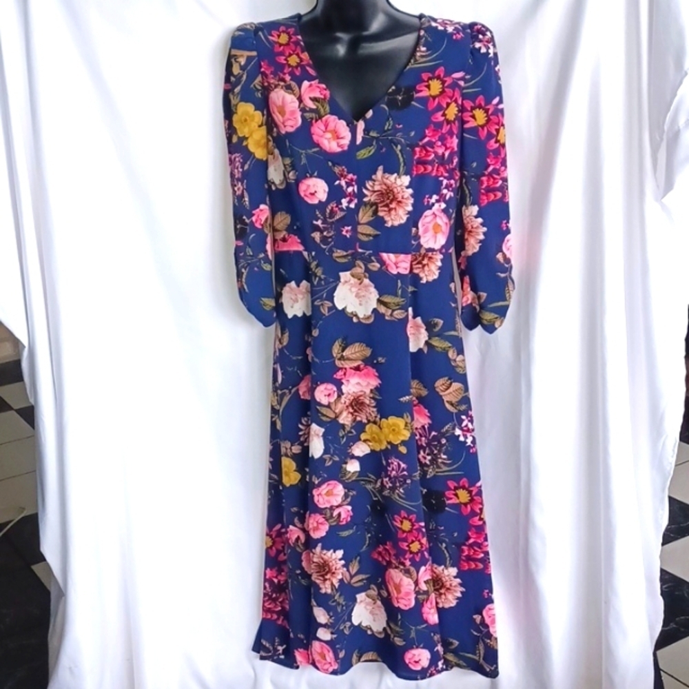 Eliza J Floral Navy Midi Dress, Sz 8, Lined